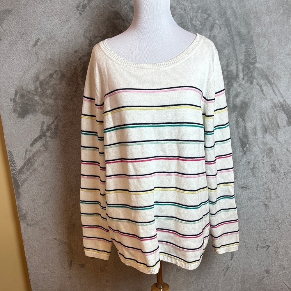 Talbots Cotton Sweater L White Multicolor Stripe Coastal Preppy Chic
